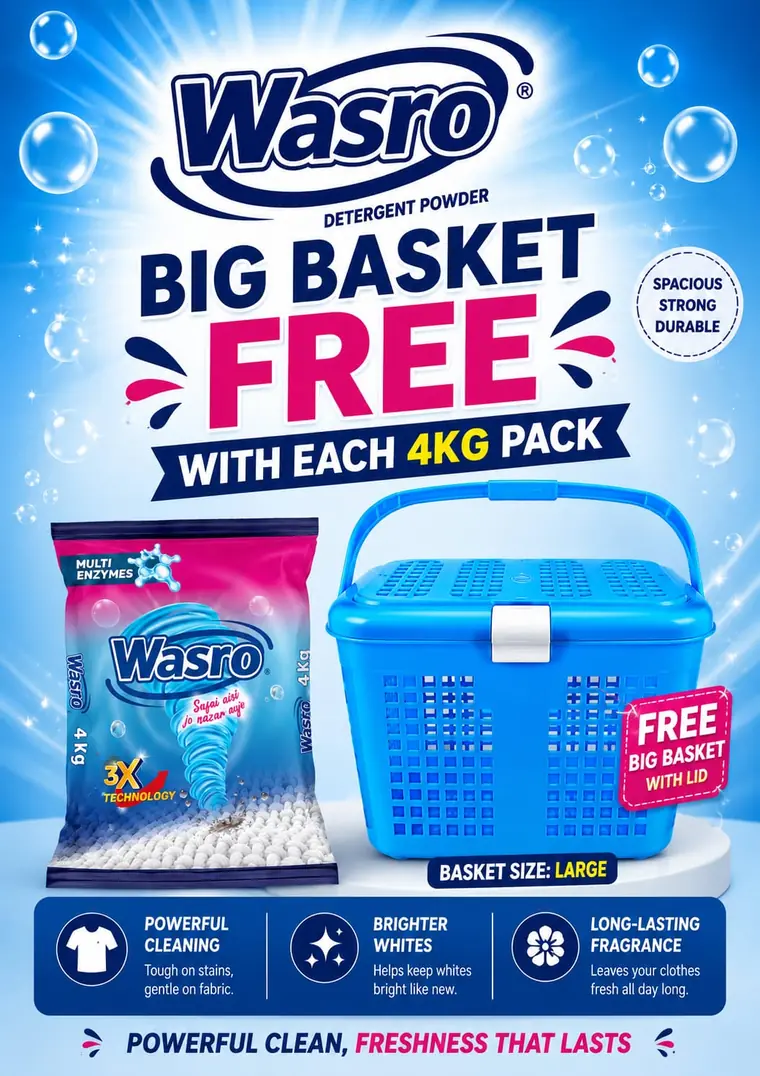 Free large Big Basket with lid on every Wasro 4 kg detergent pack — spacious, strong, durable